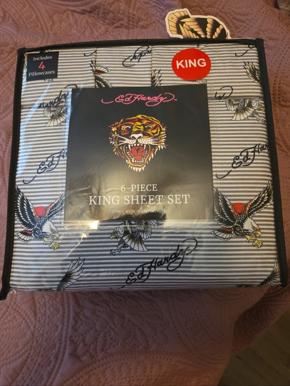 Ed Hardy King Sheet Set - White, Black and Red Striped with Tiger & Eagle Motifs